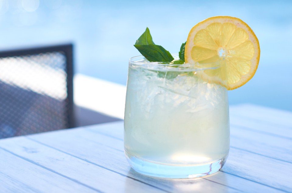 Limon dilimi ve naneyle süslenmiş bir bardak limonata